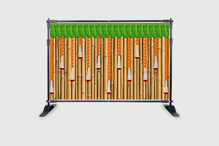 Marigold Flower with Hanging Flower with Banana Leaf and Bamboo Backdrop Curtain Cloth for Pooja Decoration Traditional/Festival