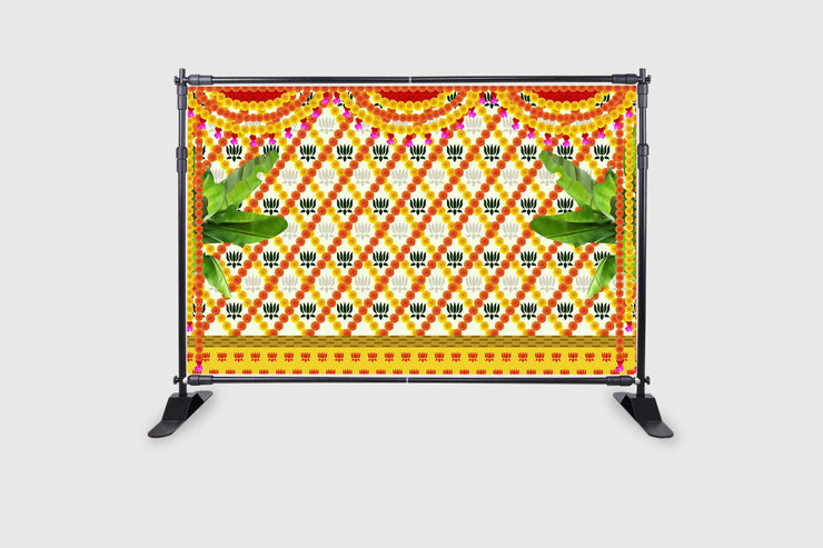 Marigold and Lotus Flower with Banana Leaf Design Backdrop Curtain for Decoration Backdrop Cloth for Pooja Decoration Traditional Festival