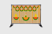 Marigold Flower with Hanging Flower and Leaf Diya Backdrop for Pooja Decoration Traditional/Background Curtain Cloth for Pooja/Festival