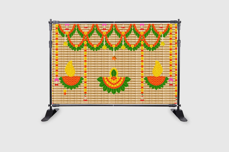 Marigold Flower with Hanging Flower and Leaf Diya Backdrop for Pooja Decoration Traditional/Background Curtain Cloth for Pooja/Festival