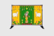 Two Cow and Green chatiya with Shree Krishna Design Backdrop for Pooja Decoration Traditional Curtain Cloth for Festival Fabric-Polyester
