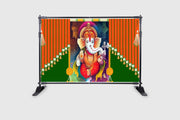 Hanging Marigold Flower with Golden Bell and Ganeshji Design Backdrop Cloth for Pooja Decoration Traditional/Background Curtain for Festival