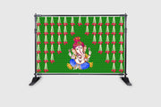 Green chatiya and Hanging Flower with Ganesh ji Design Backdrop Cloth for Pooja Decoration Traditional Background Curtain Cloth for Festival