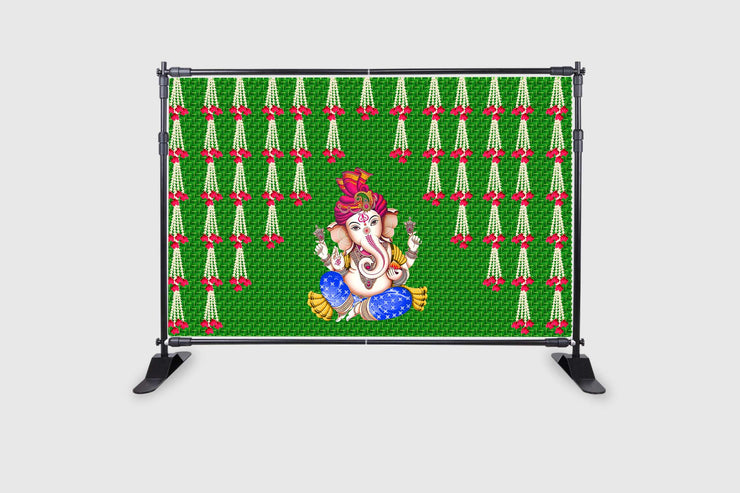 Green chatiya and Hanging Flower with Ganesh ji Design Backdrop Cloth for Pooja Decoration Traditional Background Curtain Cloth for Festival