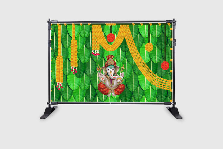 Banana Leaf and Marigold Flower with Ganesh ji Design Backdrop Cloth for Pooja Decoration Traditional Background Curtain Cloth for Festival
