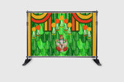 Banana Leaf and Hanging Marigold Flower with Ganesh ji Design Backdrop Cloth for Pooja Decoration Traditional Background Curtain Cloth for Festival