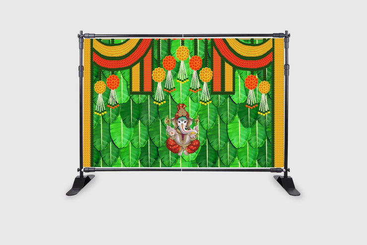 Banana Leaf and Hanging Marigold Flower with Ganesh ji Design Backdrop Cloth for Pooja Decoration Traditional Background Curtain Cloth for Festival