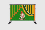 Flower and Weaved Coconut Leaf (Kobbariaaku) with Ganeshji Design Backdrop for Pooja Decoration Traditional Background Curtain Cloth for Festival