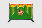 Marigold Flower and Weaved Coconut Leaf (Kobbariaaku) with Ganeshji Design Backdrop for Pooja Decoration Traditional Curtain Cloth for Festival