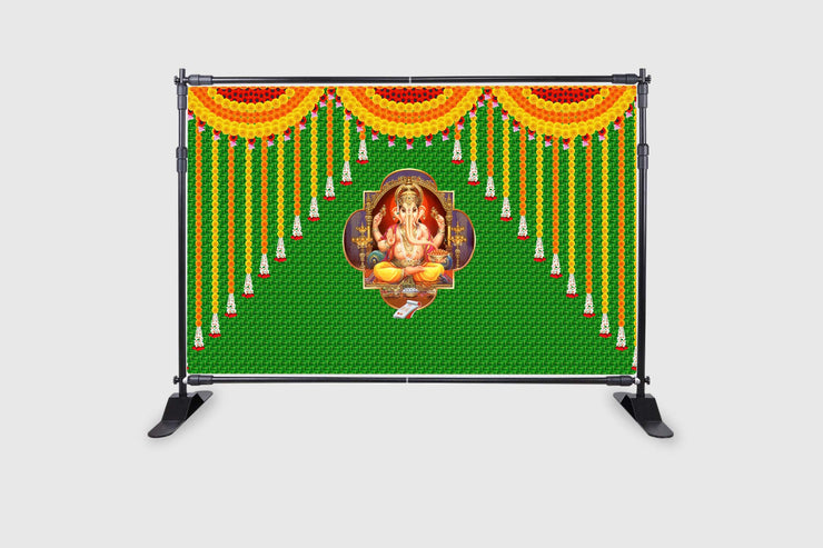Marigold Flower and Weaved Coconut Leaf (Kobbariaaku) with Ganeshji Design Backdrop for Pooja Decoration Traditional Curtain Cloth for Festival