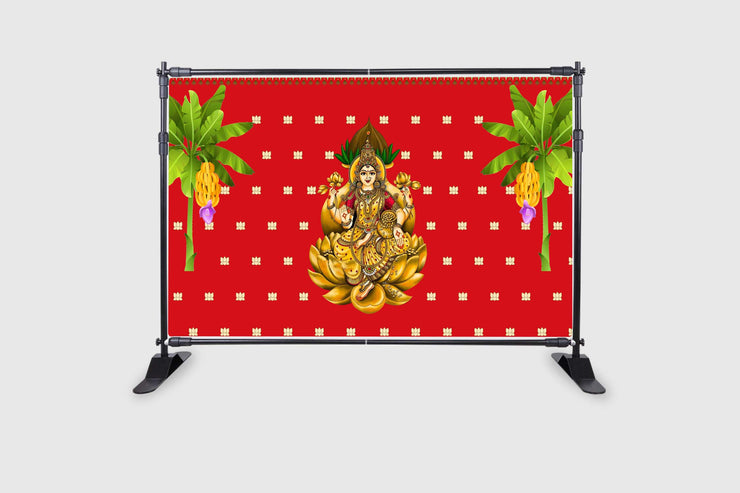 Traditional Varamahalakshmi Backdrop for Pooja Event Home Decoration Lakshmi Devi in Golden Lotus Background Curtain Cloth for Festival