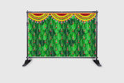 Banana Leaf with Red Hanging Flowers Design Backdrop Cloth for Pooja Decoration Traditional Background Curtain Cloth for Festival