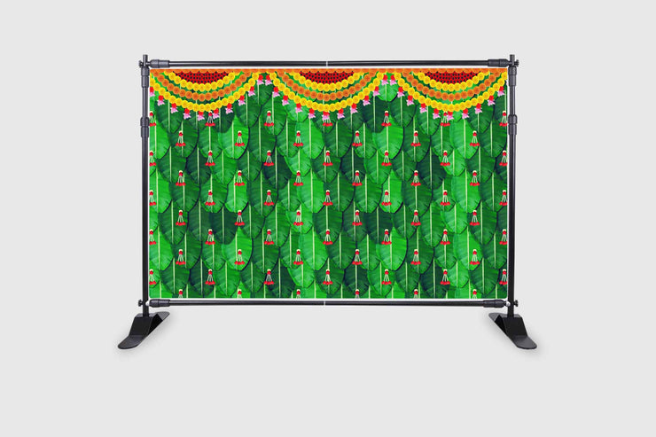 Banana Leaf with Red Hanging Flowers Design Backdrop Cloth for Pooja Decoration Traditional Background Curtain Cloth for Festival