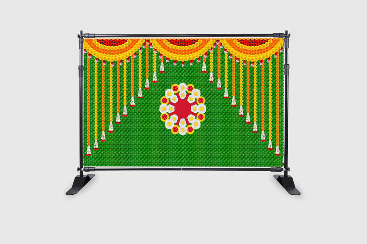 Weaved Coconut Leaf with Flower Rangoli muggu Design Backdrop Cloth for Pooja Decoration Traditional Background Curtain Cloth for Festival