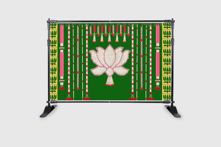 Green Background with Flower's Lotus Design Backdrop Cloth for Pooja Decoration Traditional Background Curtain Cloth for Festival