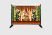 Radha Krishnaji with Peacock Design Backdrop Cloth for Pooja Decoration Traditional Background Curtain Cloth for Festival