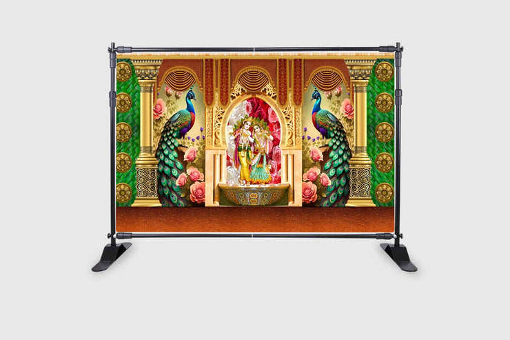 Radha Krishnaji with Peacock Design Backdrop Cloth for Pooja Decoration Traditional Background Curtain Cloth for Festival