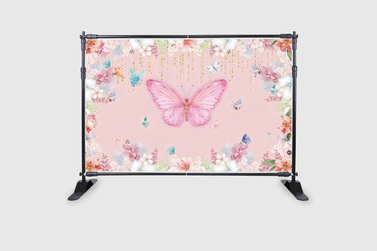 Butterfly Backdrop for Photography, Pink Butterfly Colorful Flowers Blossom Background Princess Birthday Party Banner Photo Booth Props Photoshoot