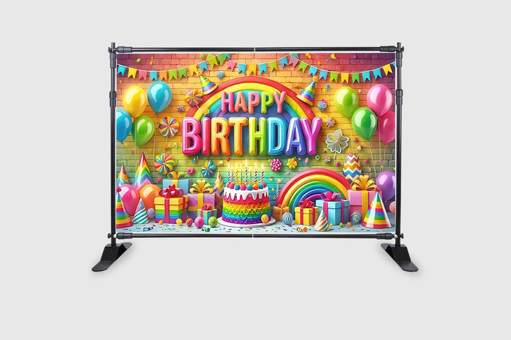 Rainbow with Cake Themed Happy Birthday Design Backdrop for Birthday Decoration Traditional/Background Curtain Cloth for Party/Festival