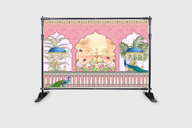 Peacock with Decortion Background Design Backdrop Cloth for Pooja Decoration Traditional Background Curtain Cloth for Festival