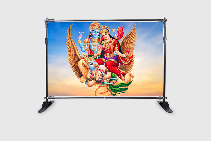 Lord Vishnu and Lakshmiji Riding on GarudaDesign Backdrop Cloth for Pooja Decoration Traditional/Background Curtain Cloth for Festival