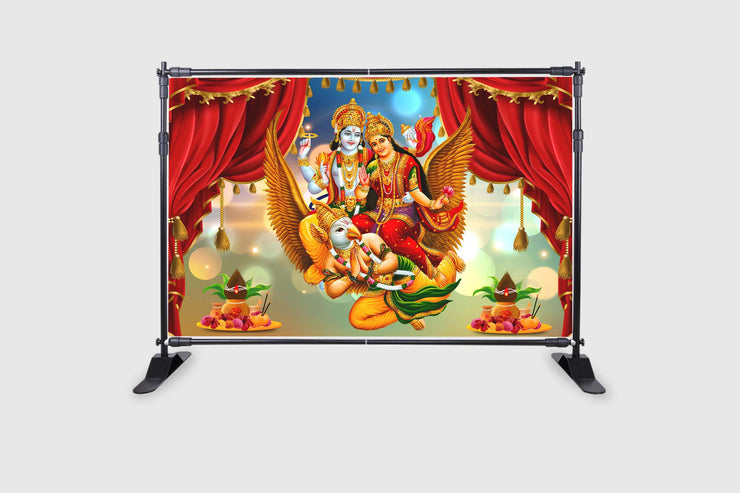 Lord Vishnu and Lakshmiji Riding on GarudaDesign Backdrop Cloth for Pooja Decoration Traditional/Background Curtain Cloth for Festival