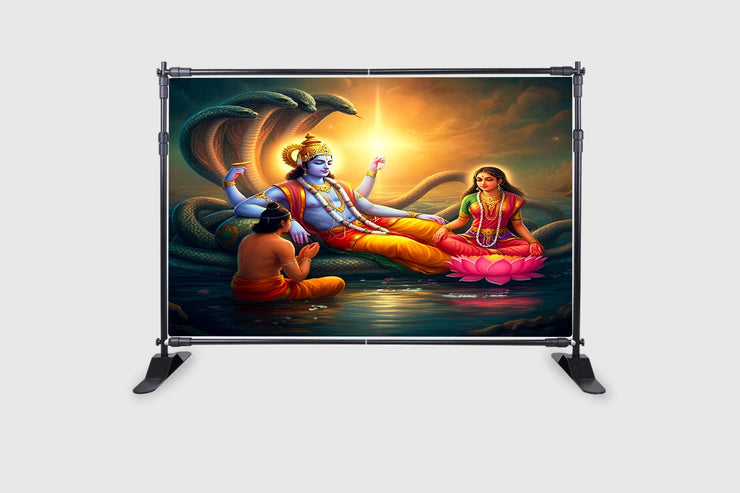 Lord Vishnu with Goddess Lakshmiji Design Backdrop Cloth for Pooja Decoration Traditional/Background Curtain Cloth for Festival