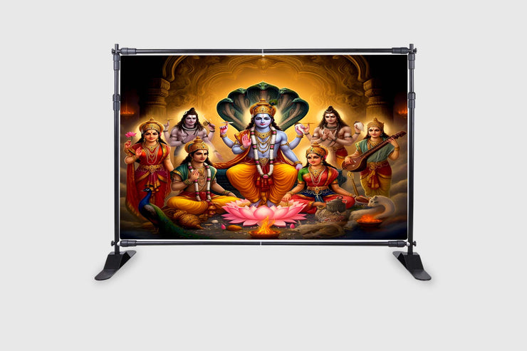 God Vishnu with Laxmi MATA Design Backdrop Cloth for Pooja Decoration Traditional/Background Curtain Cloth for Festival