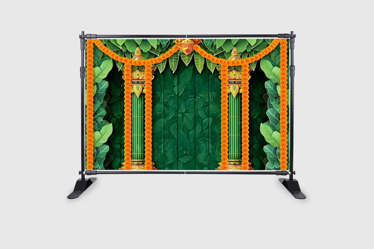 Banana Leaf with Flower Decoration Backdrop Cloth for Pooja Decoration Background Curtain Cloth Fabric-Polyester