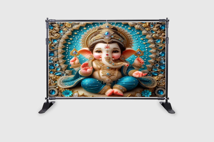 Ganeshji Design Backdrop for Pooja Decoration Especially Ganesha Festival Traditional/Background Curtain Cloth for Festival