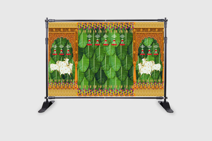 Banana Leaf and Hanging Flower with Cows and Design Decoration Backdrop Cloth for Pooja Decoration Tradition Festival