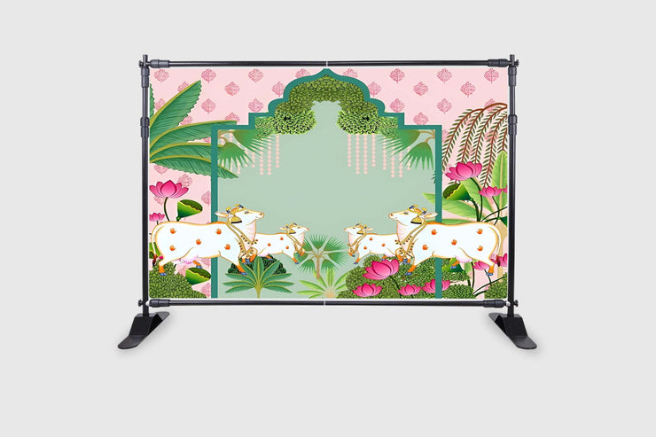 Holy Cow Kamdhenu Divine Pichwai Design Backdrop Cloth for Pooja Decoration Traditional Background Curtain Cloth for Festival