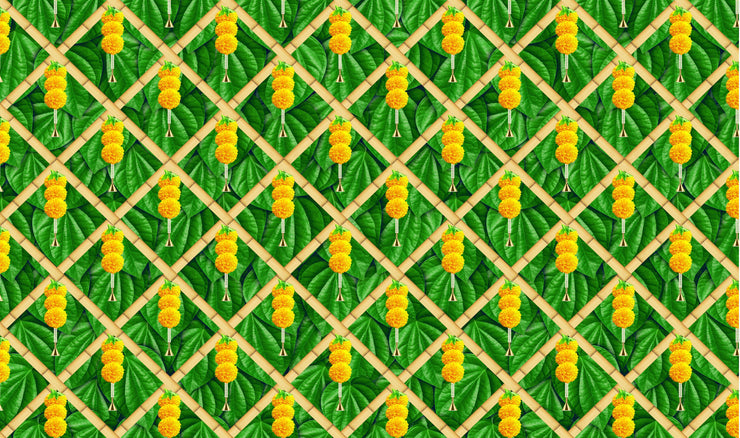 Marigold Flower with Betel Leaf Design Backdrop Curtain for Decoration Backdrop Cloth for Pooja Decoration Traditional/Festival