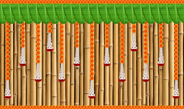 Marigold Flower with Hanging Flower with Banana Leaf and Bamboo Backdrop Curtain Cloth for Pooja Decoration Traditional/Festival