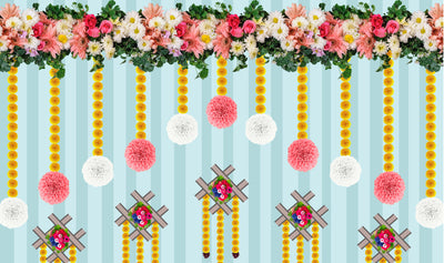Marigold Flower with Hanging Flower Backdrop Curtain for Decoration Backdrop Cloth for Traditional/Festival