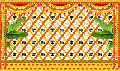 Marigold and Lotus Flower with Banana Leaf Design Backdrop Curtain for Decoration Backdrop Cloth for Pooja Decoration Traditional Festival