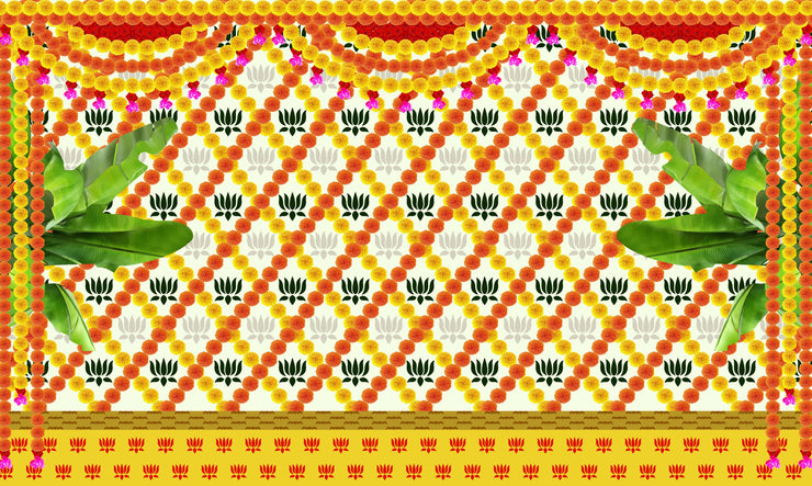 Marigold and Lotus Flower with Banana Leaf Design Backdrop Curtain for Decoration Backdrop Cloth for Pooja Decoration Traditional Festival