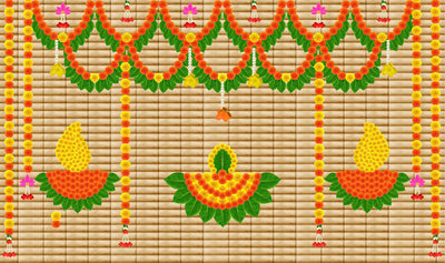 Marigold Flower with Hanging Flower and Leaf Diya Backdrop for Pooja Decoration Traditional/Background Curtain Cloth for Pooja/Festival