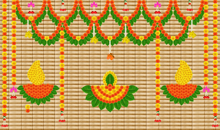 Marigold Flower with Hanging Flower and Leaf Diya Backdrop for Pooja Decoration Traditional/Background Curtain Cloth for Pooja/Festival
