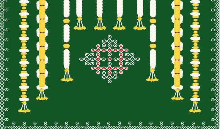 Marigold Flower with Hanging White Flower Backdrop for Pooja Decoration Traditional/Background Curtain Cloth for Pooja/Festival