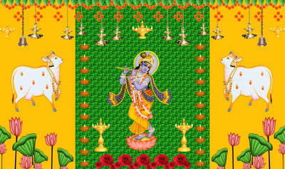 Two Cow and Green chatiya with Shree Krishna Design Backdrop for Pooja Decoration Traditional Curtain Cloth for Festival Fabric-Polyester