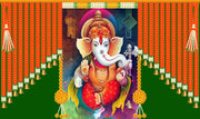 Hanging Marigold Flower with Golden Bell and Ganeshji Design Backdrop Cloth for Pooja Decoration Traditional/Background Curtain for Festival