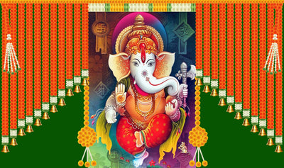 Hanging Marigold Flower with Golden Bell and Ganeshji Design Backdrop Cloth for Pooja Decoration Traditional/Background Curtain for Festival
