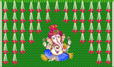 Green chatiya and Hanging Flower with Ganesh ji Design Backdrop Cloth for Pooja Decoration Traditional Background Curtain Cloth for Festival