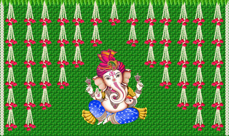 Green chatiya and Hanging Flower with Ganesh ji Design Backdrop Cloth for Pooja Decoration Traditional Background Curtain Cloth for Festival