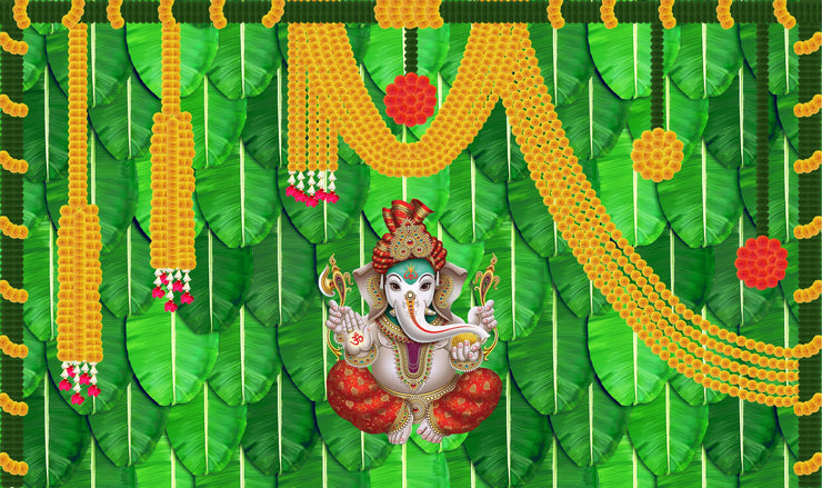 Banana Leaf and Marigold Flower with Ganesh ji Design Backdrop Cloth for Pooja Decoration Traditional Background Curtain Cloth for Festival
