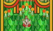 Banana Leaf and Hanging Marigold Flower with Ganesh ji Design Backdrop Cloth for Pooja Decoration Traditional Background Curtain Cloth for Festival