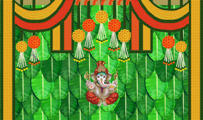 Banana Leaf and Hanging Marigold Flower with Ganesh ji Design Backdrop Cloth for Pooja Decoration Traditional Background Curtain Cloth for Festival