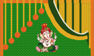 Flower and Weaved Coconut Leaf (Kobbariaaku) with Ganeshji Design Backdrop for Pooja Decoration Traditional Background Curtain Cloth for Festival
