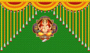 Marigold Flower and Weaved Coconut Leaf (Kobbariaaku) with Ganeshji Design Backdrop for Pooja Decoration Traditional Curtain Cloth for Festival